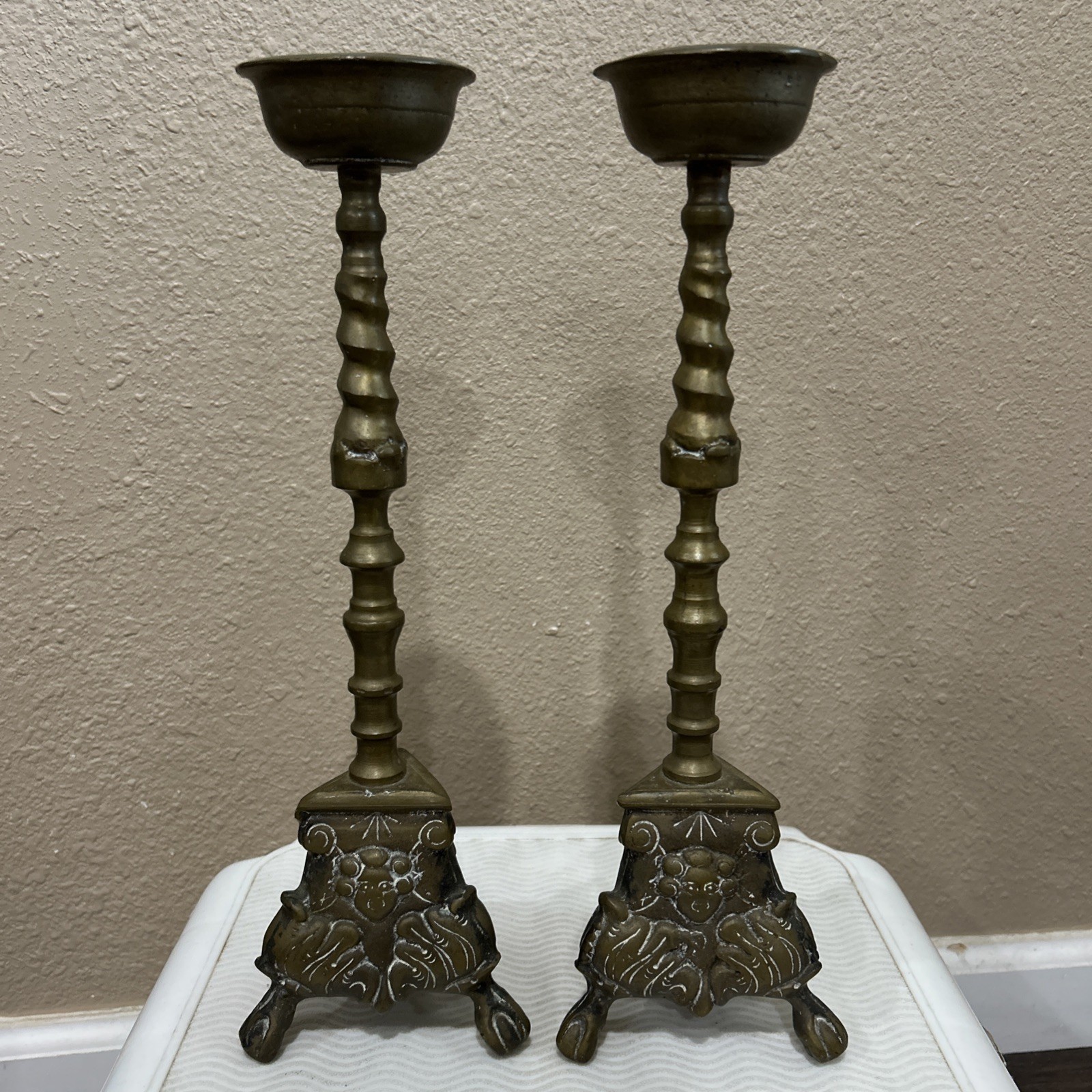 VTG Brass Candle Holders Set Lion Footed 14” Tall Heavy Altar VTG Brass Candle Holders Set Lion Footed 14” Tall Heavy Altar