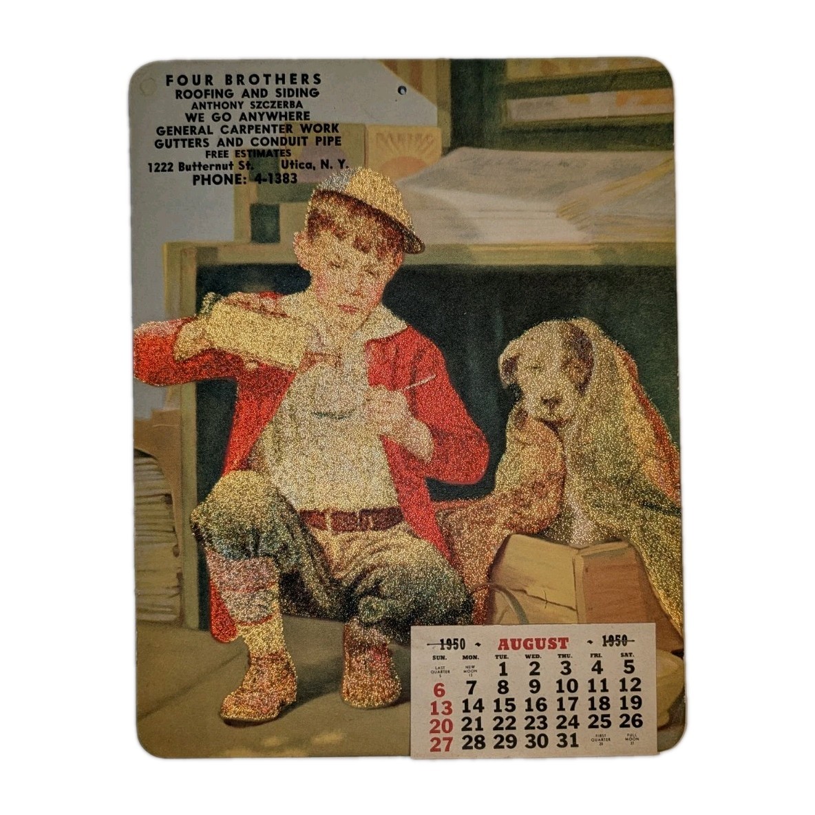 Vintage 1950 Advertising Calendar Four Brothers Roofing Utica NY Boy Dog