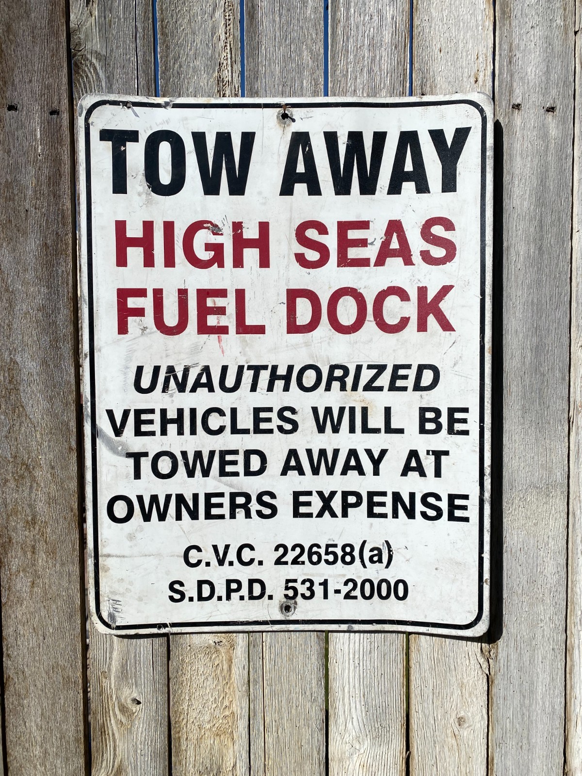 Vintage High Seas Fuel Dock San Diego California Tow Away Metal Gas Sign 18x24