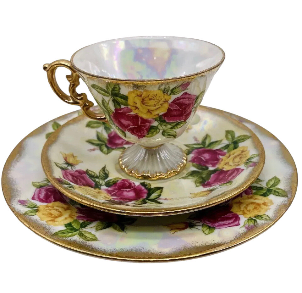 1950s Ucago June Rose Iridescent Dessert Set Pedestal Tea Cup & Saucer w/ Plate