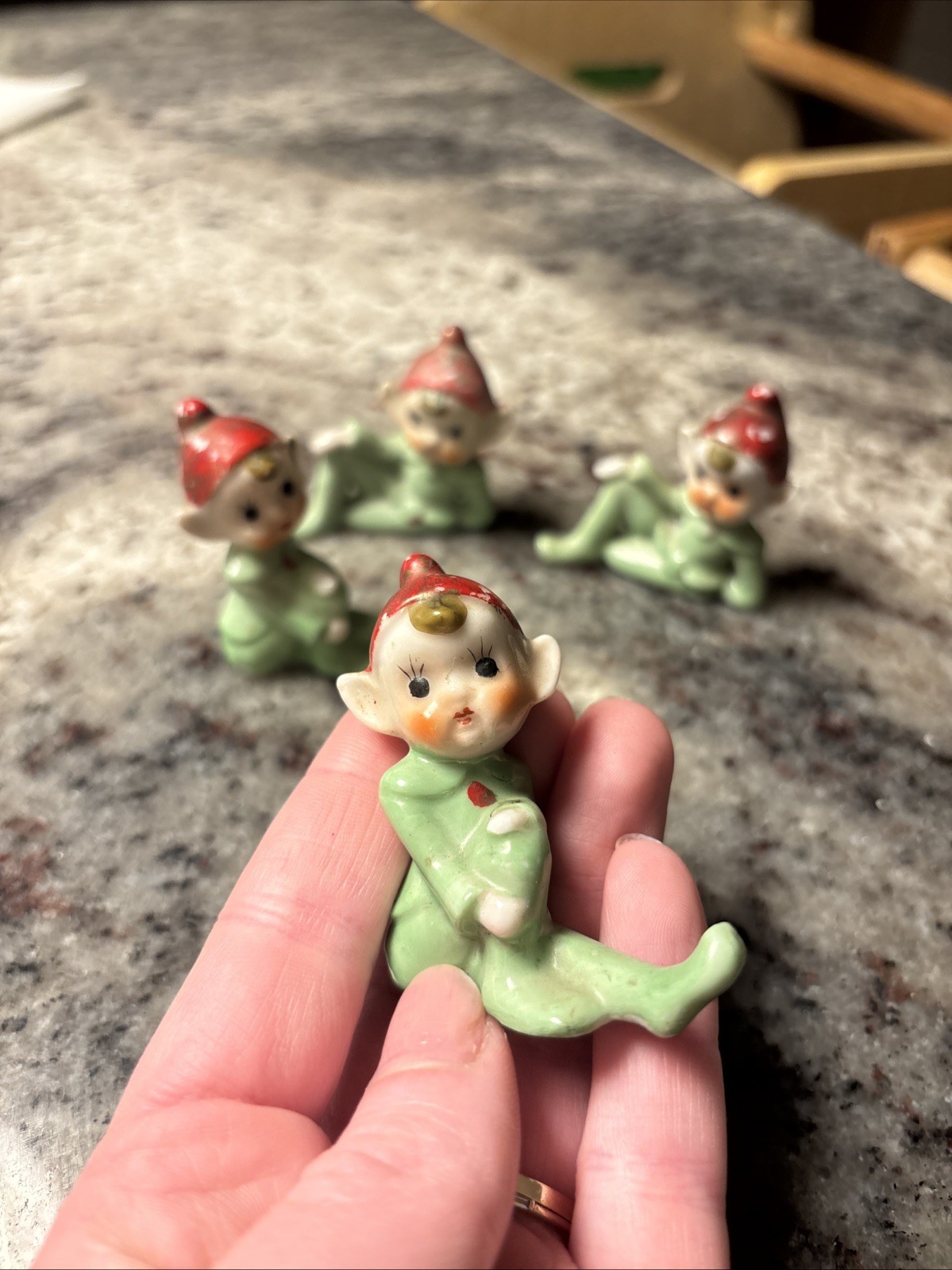 Vintage Japan Christmas Pixie Elf Figurines Set of 4 Ceramic Red Green