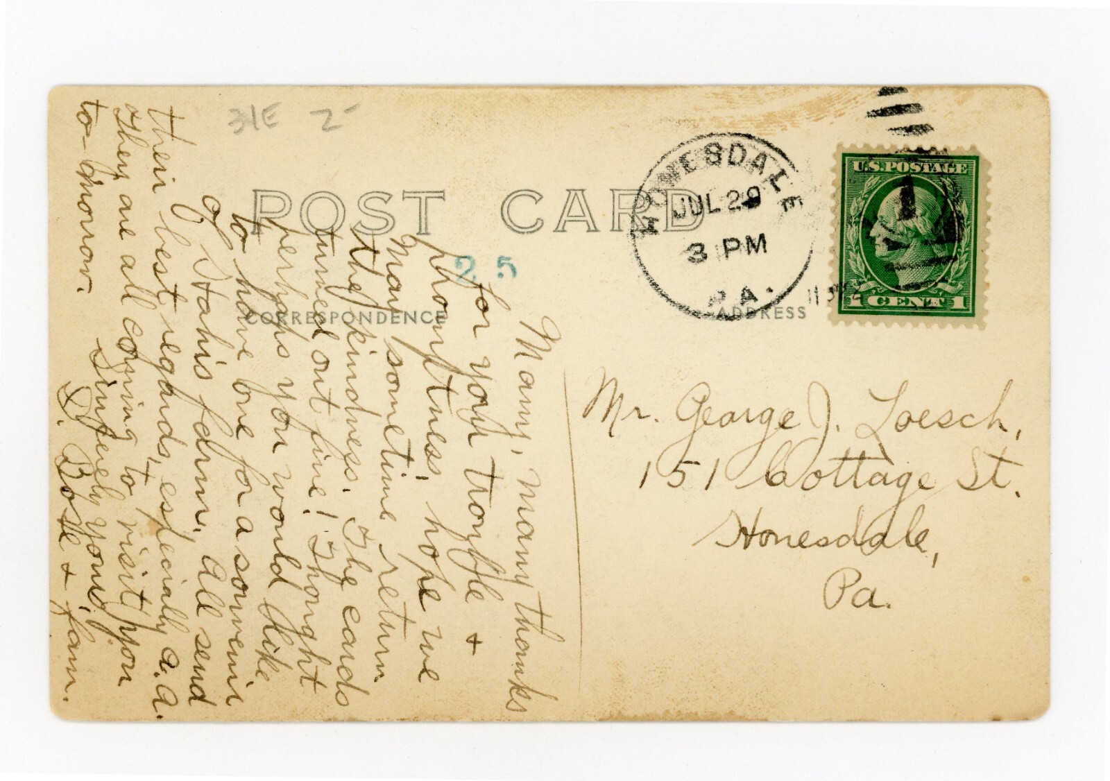 Postcard RPPC 1922 Honesdale Wayne County PA Loesch