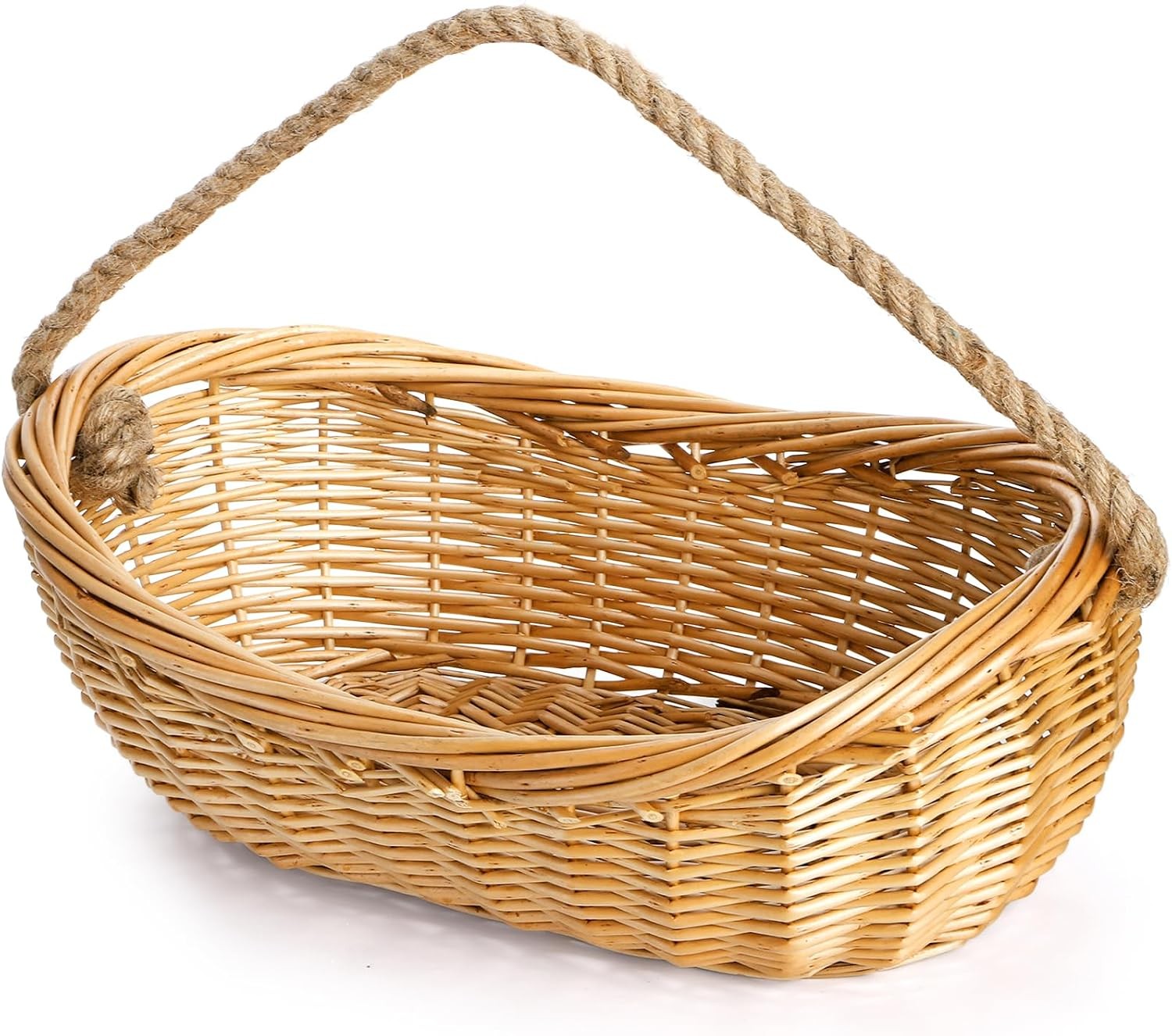 Woven Wicker Basket w Jute Handle Large Garden Harvest Fruit Picnic