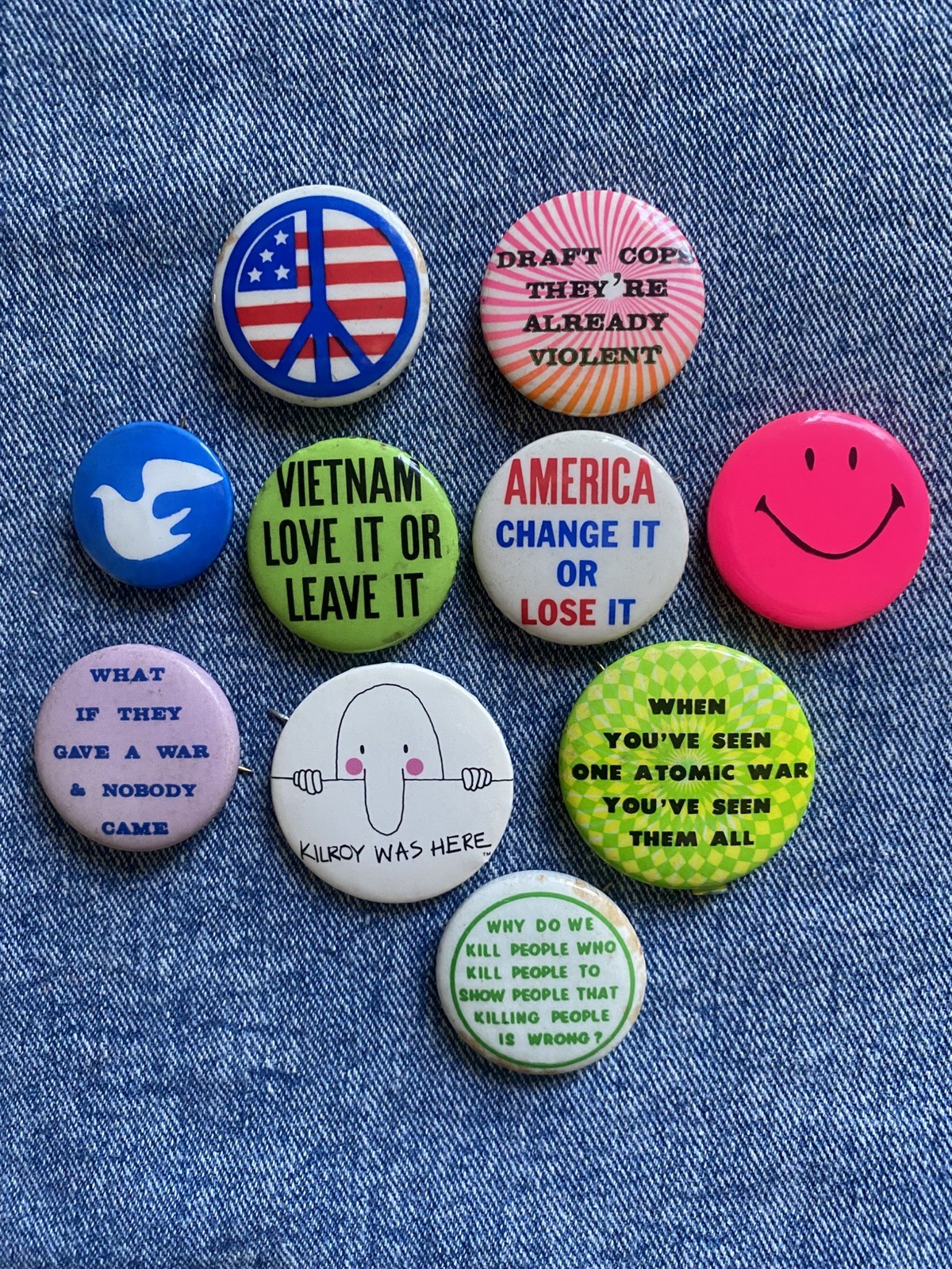 N.O.S. 60's ANTI-WAR VIETNAM PEACE PROTEST, 10 Pinback Button Boomer Collection