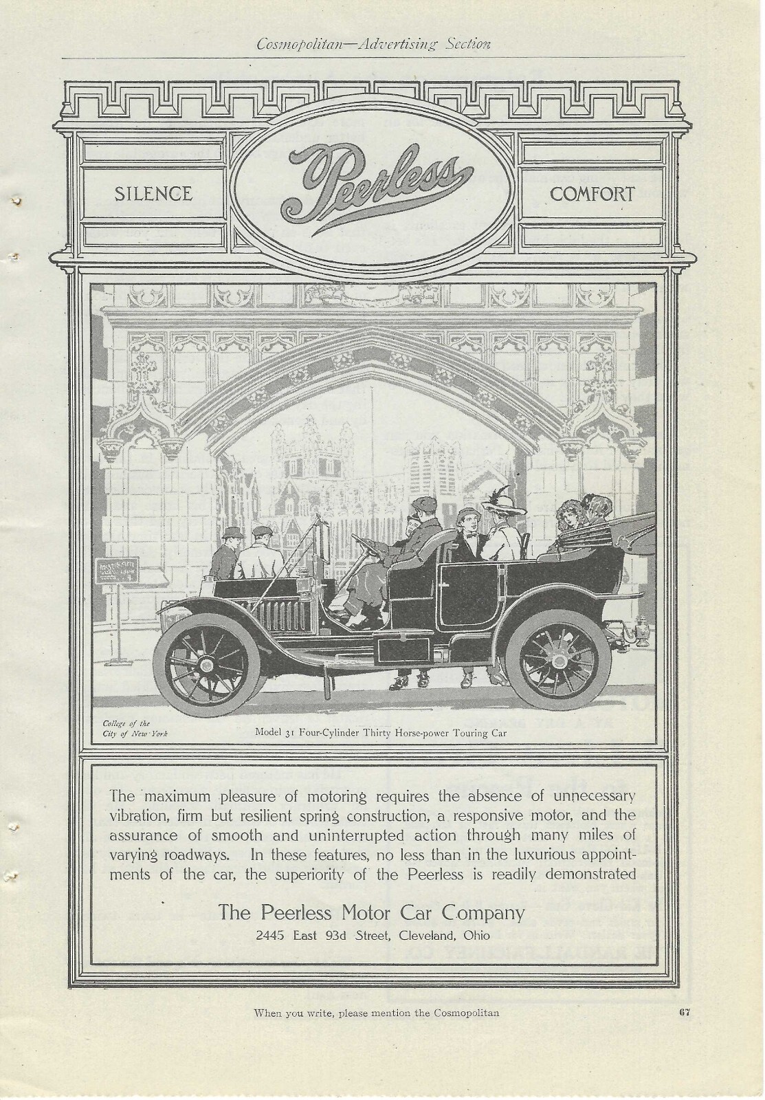 1913 Peerless Motor Car Co OH Model 3t Cosmopolitan Vintage Art Print Ad