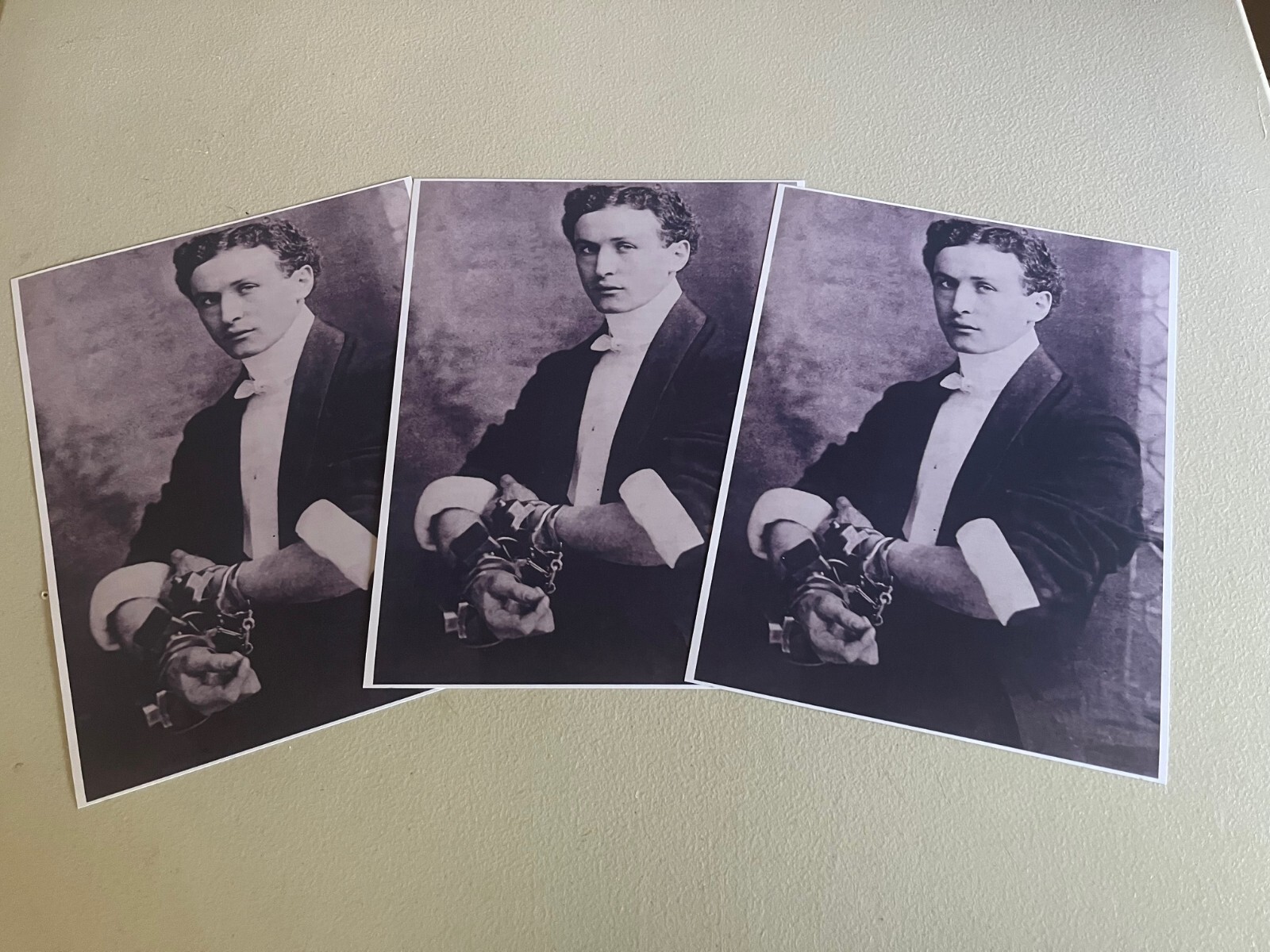Harry Houdini, Reprint photo, Looking Very Serious, Heavily cuffed, in eve dress