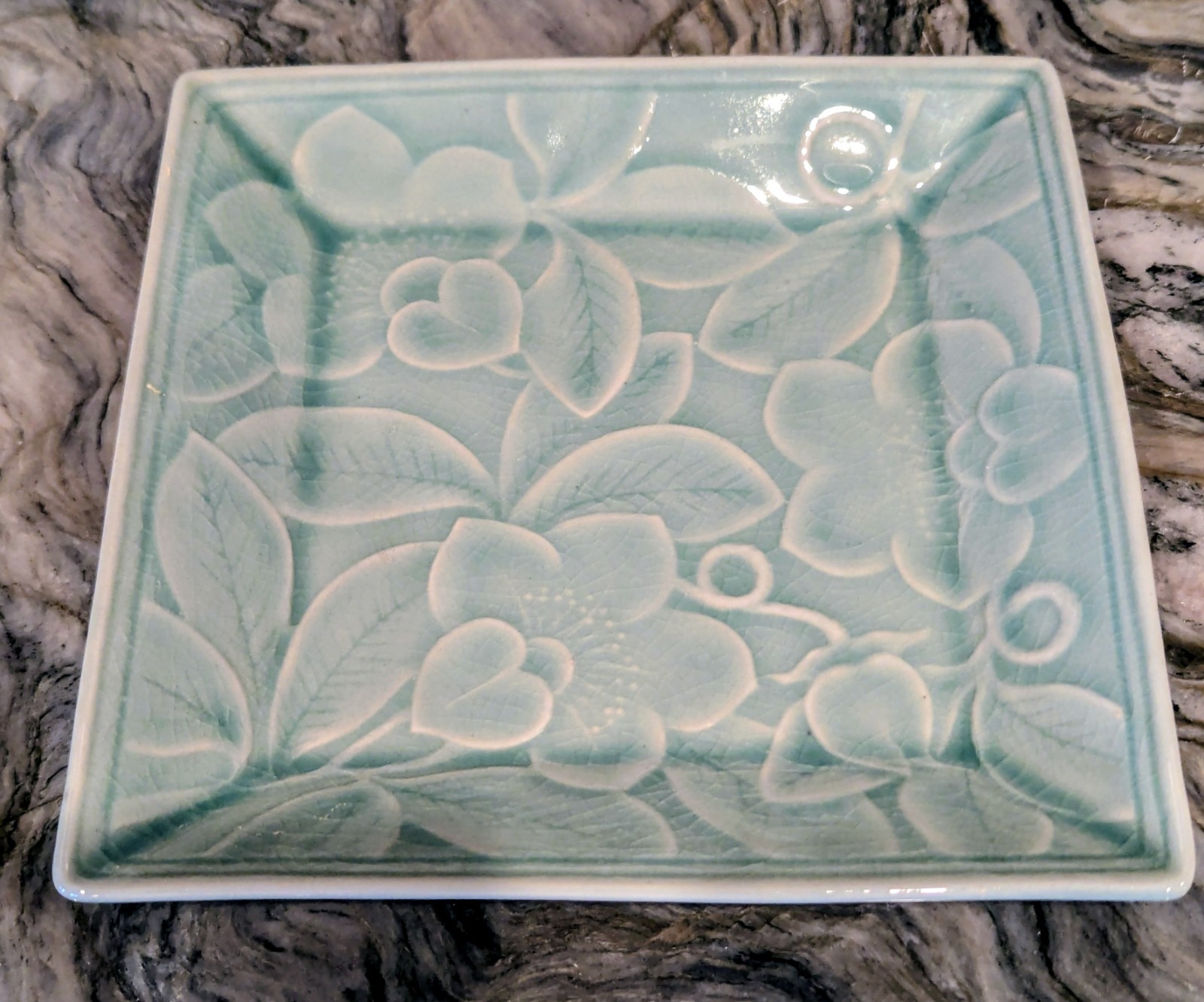 Korean Goryeo Style Celadon Floral Relief Square Dish Crackle Glaze Asian Mark
