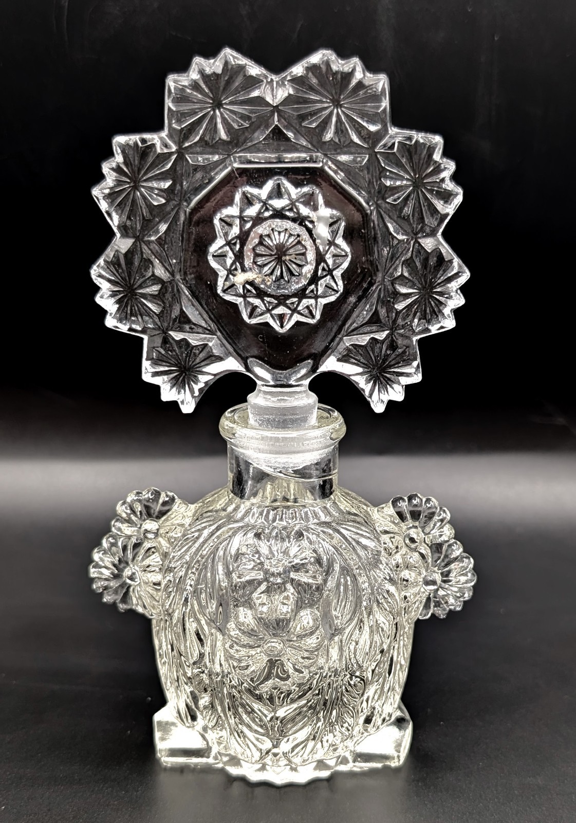 Vintage IRICE Imperial Pressed Glass Perfume Bottle Fan Stopper Art Deco Vanity