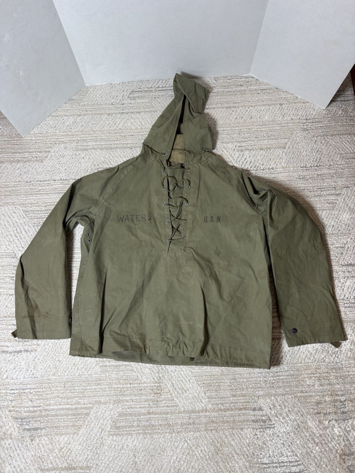 Vintage WWII U.S. Navy Foul Weather Smock Rain Anorak Hooded Jacket Pullover
