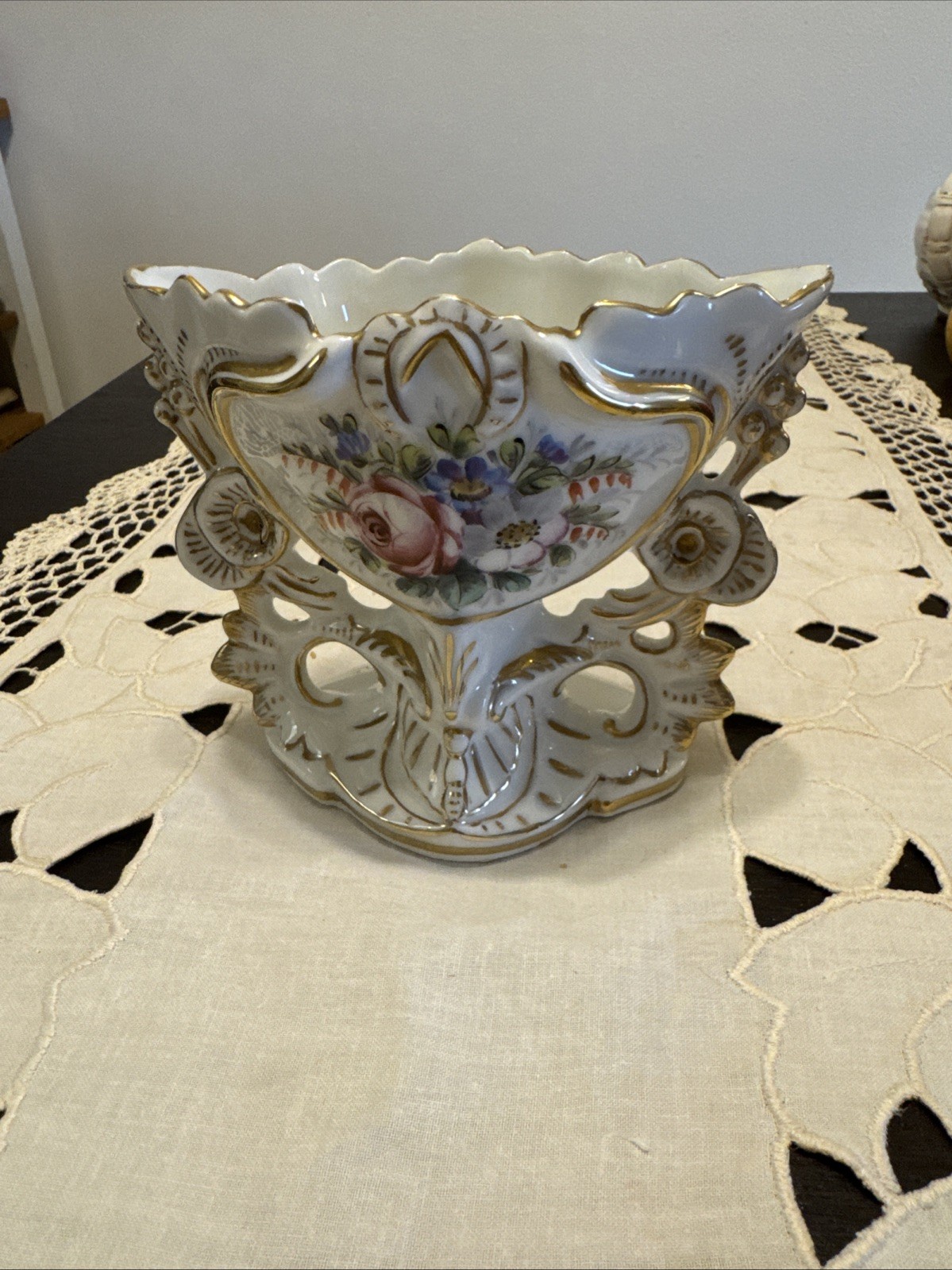 Vintage French Sevres Style Porcelain Mini Cachepot Jardiniere Hand Painted Gold