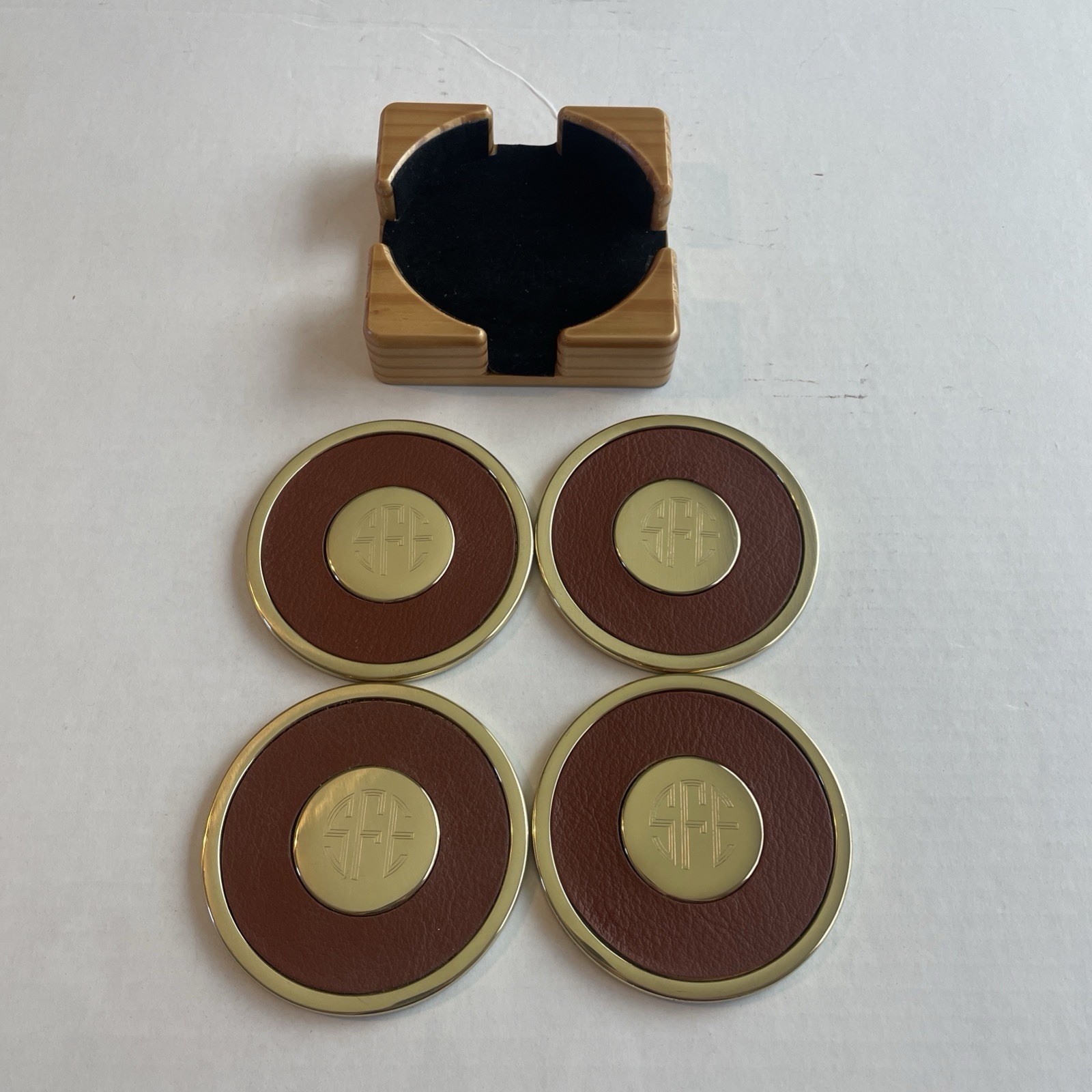 Set of 4 Vintage Solid Brass Black Leather Coasters SFE Spain Felt Bottom Drink