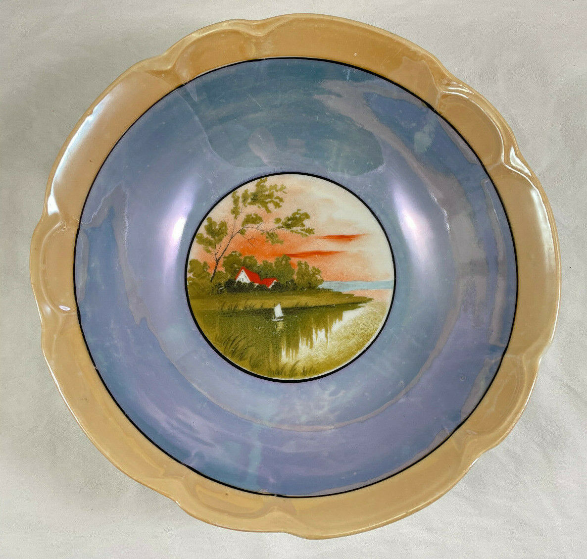 Peach Blue Luster Ware Serving Bowl Landscape Scalloped Japan Vintage 9