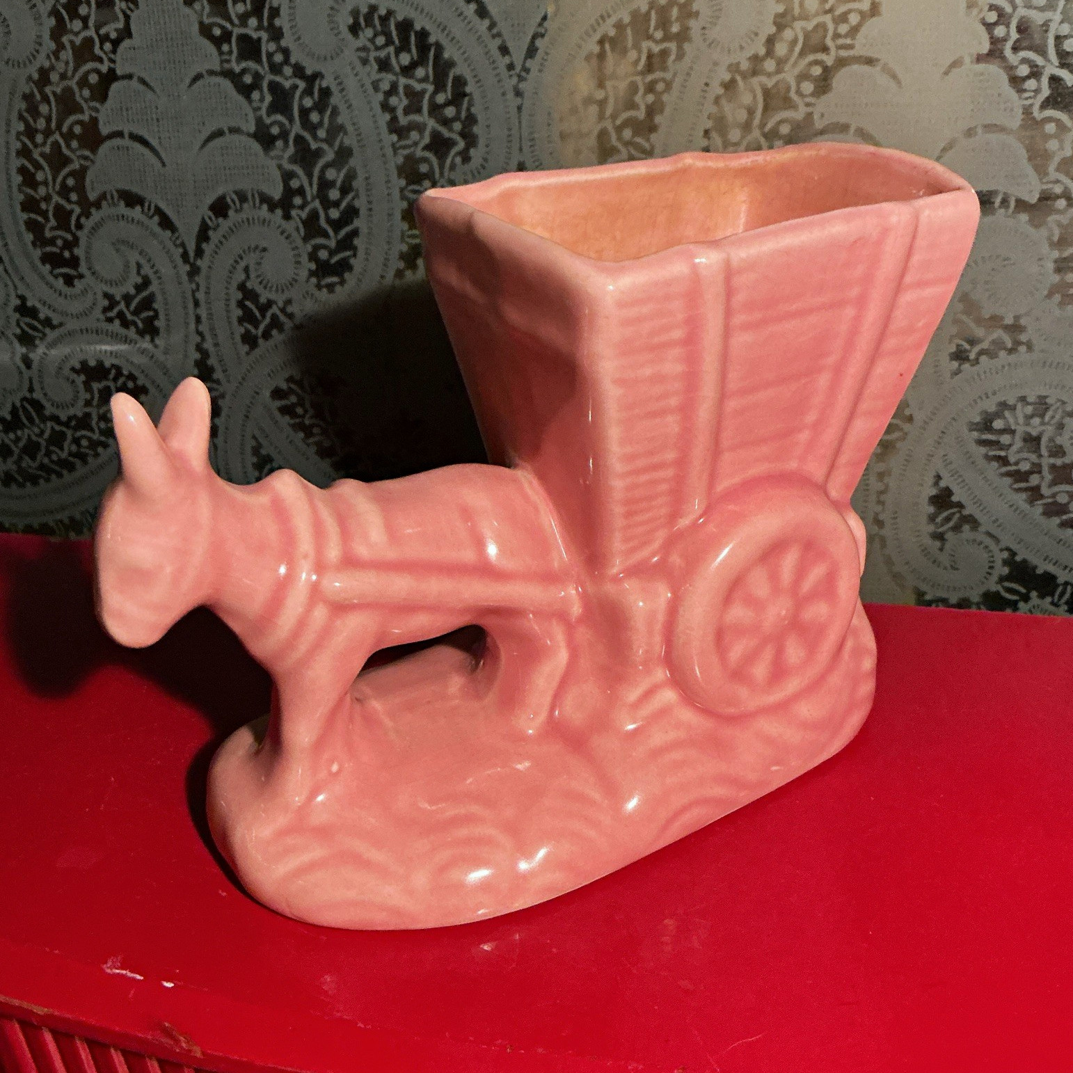 Vintage Cameron Clay Donkey and Cart Pink Planter MCM 