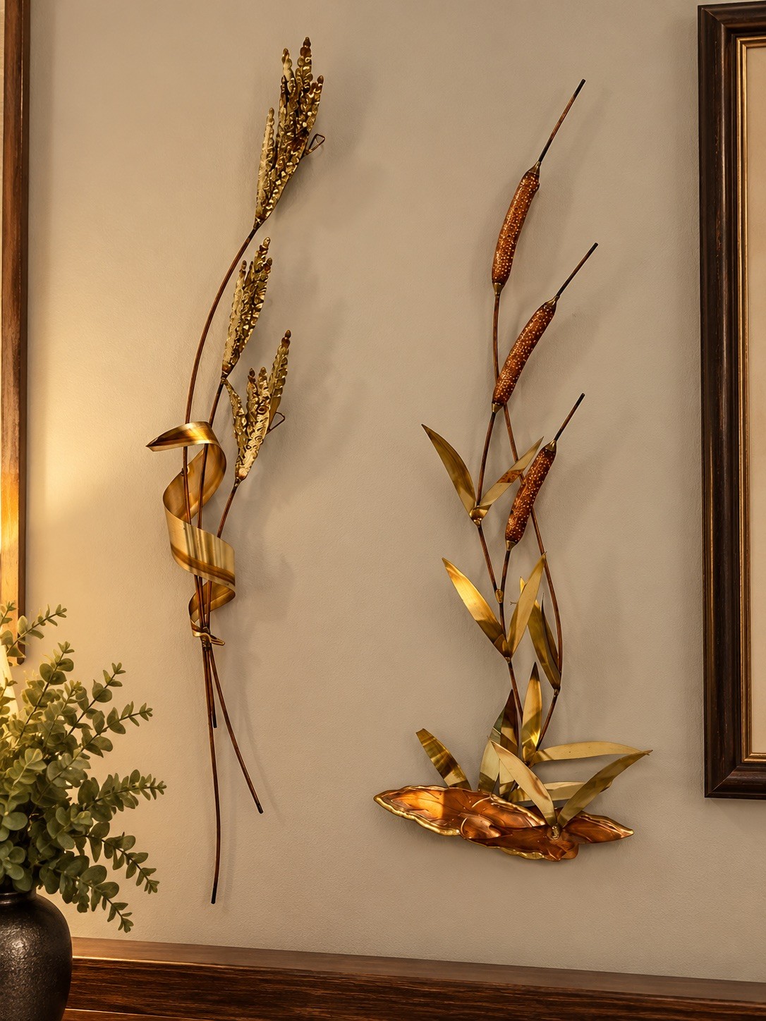 2-MCM 60’s 70\'s Cattails Reeds Waterlily Copper Brass Wall Art Hanging