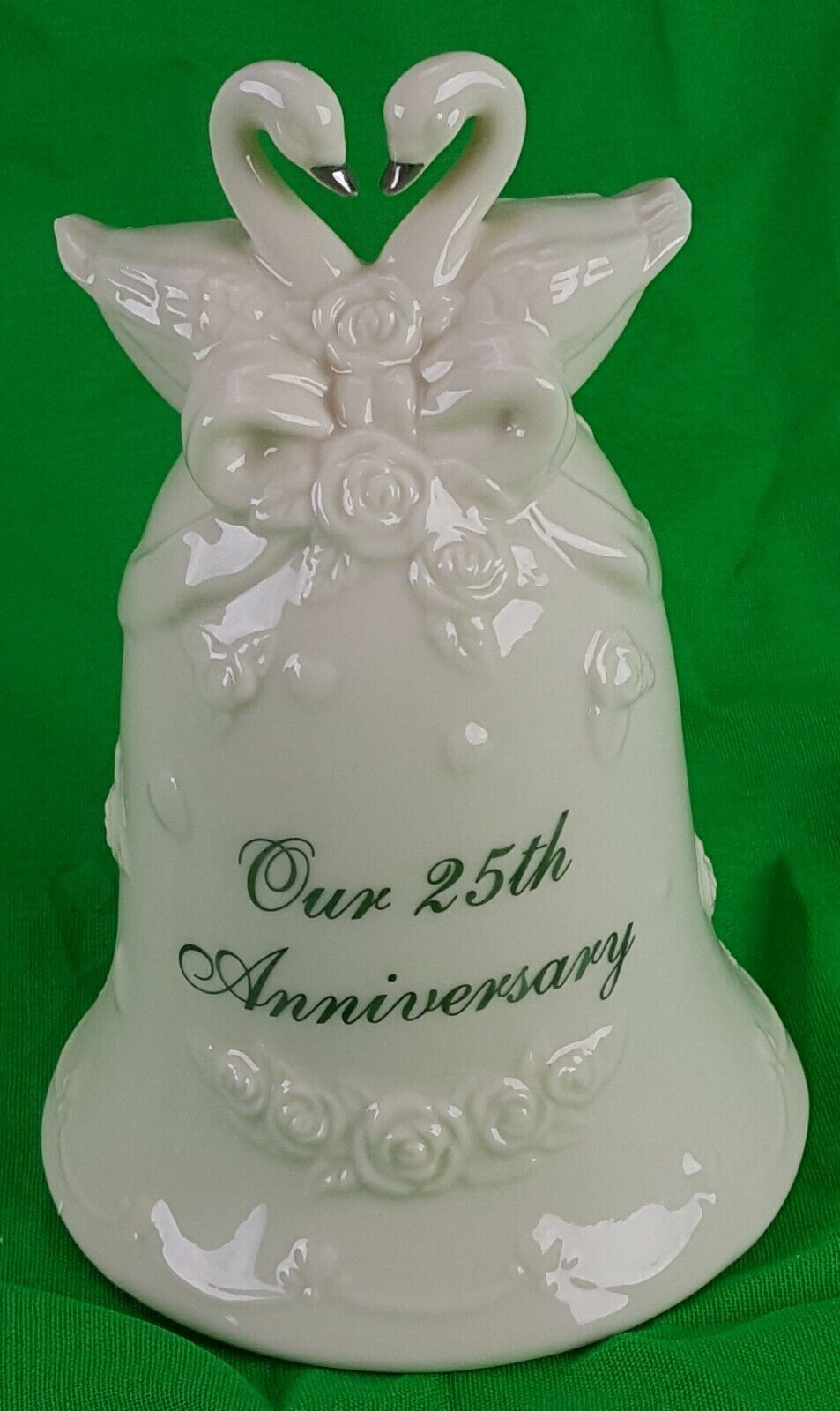 HAPPY 25TH ANNIVERSARY DOUBLE SWAN ROSE PORCELAIN BELL SILVER
