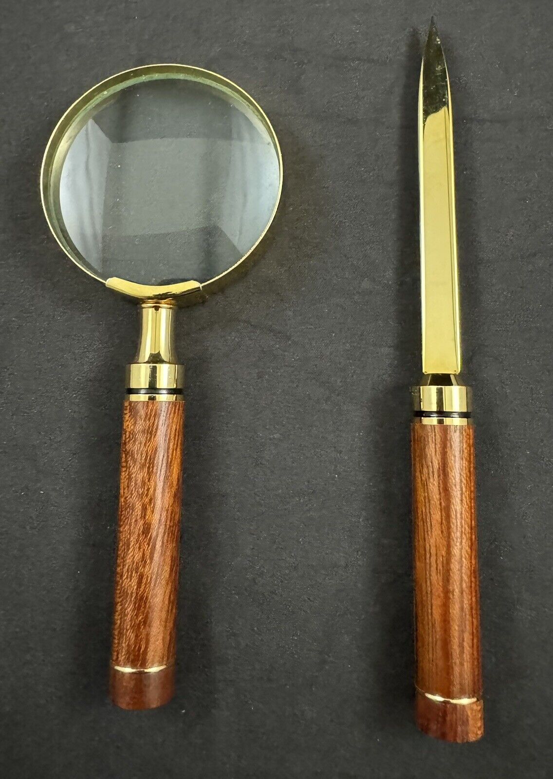 Vintage Brass Wood Handled Letter Opener w/ Magnifying Glass