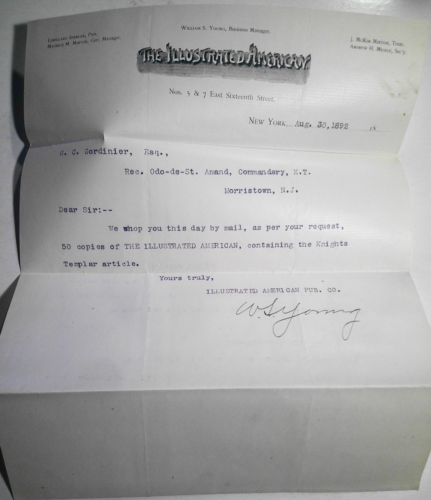 1892 Illustrated American  Letterhead.  Knights Templar Gordinier NJ