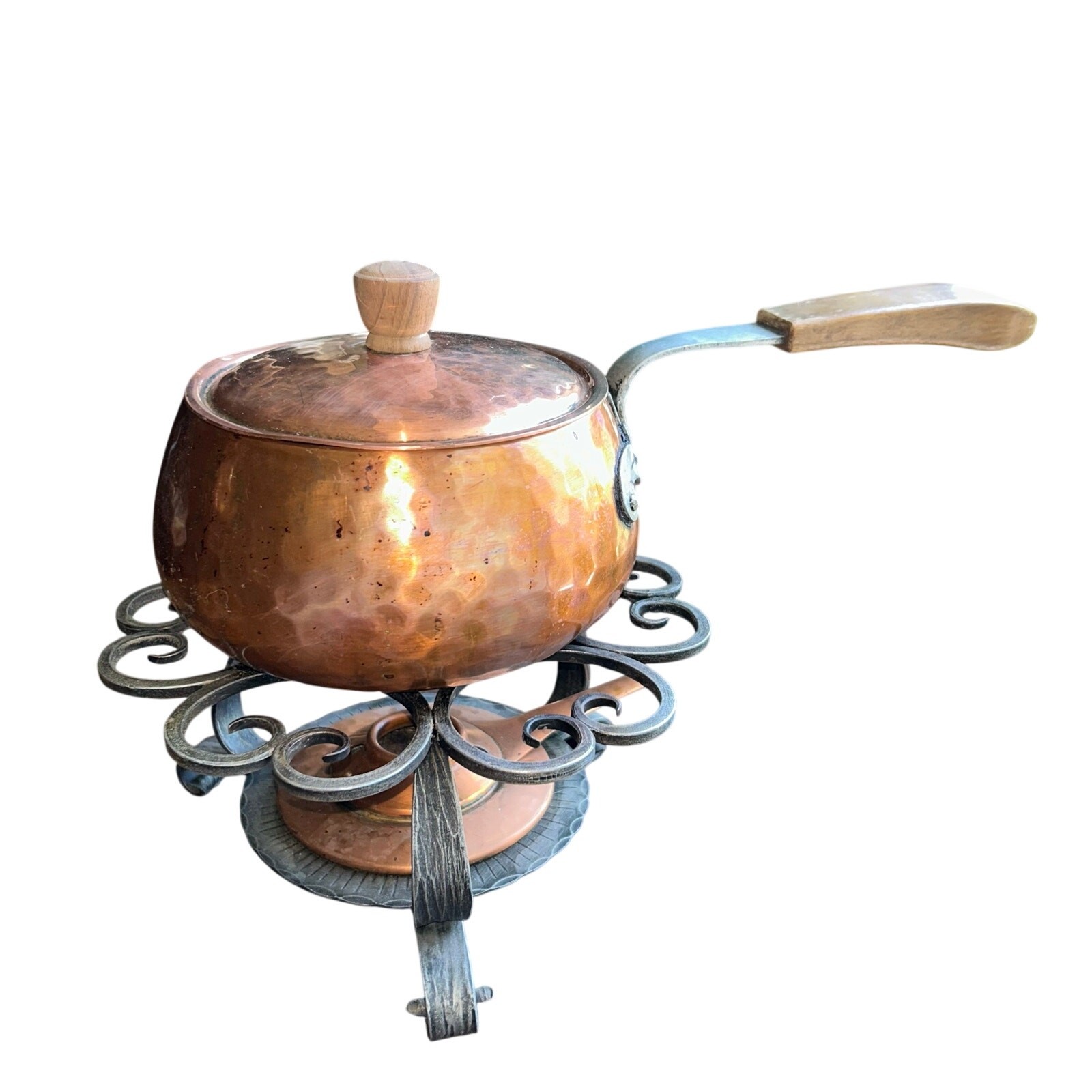 VTG Stockli Netstal Swiss Hammered Copper Fondue Pot Chafing Dish Stand Burner