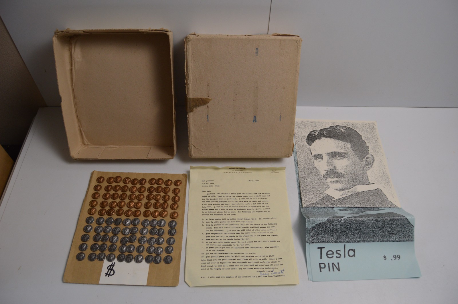 Vintage Nikola Tesla Collectors Pin Display Resale Letter & Picture 100 PCS