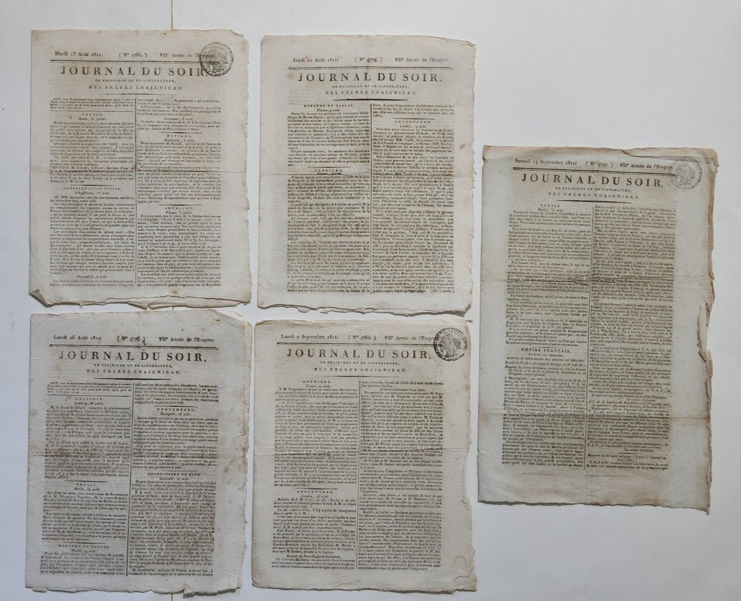 1811 Napoleonic era Lot of 5 JOURNAL DU SOIR French News Papers by Chaignieau