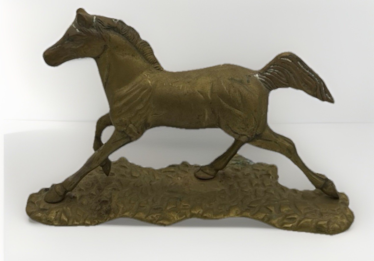 VTG Mid 20th Century Brass Horse on Cobblestone W Aged Patina White And Green VTG Mid 20th Century Brass Horse on Cobblestone W Aged Patina White And Green