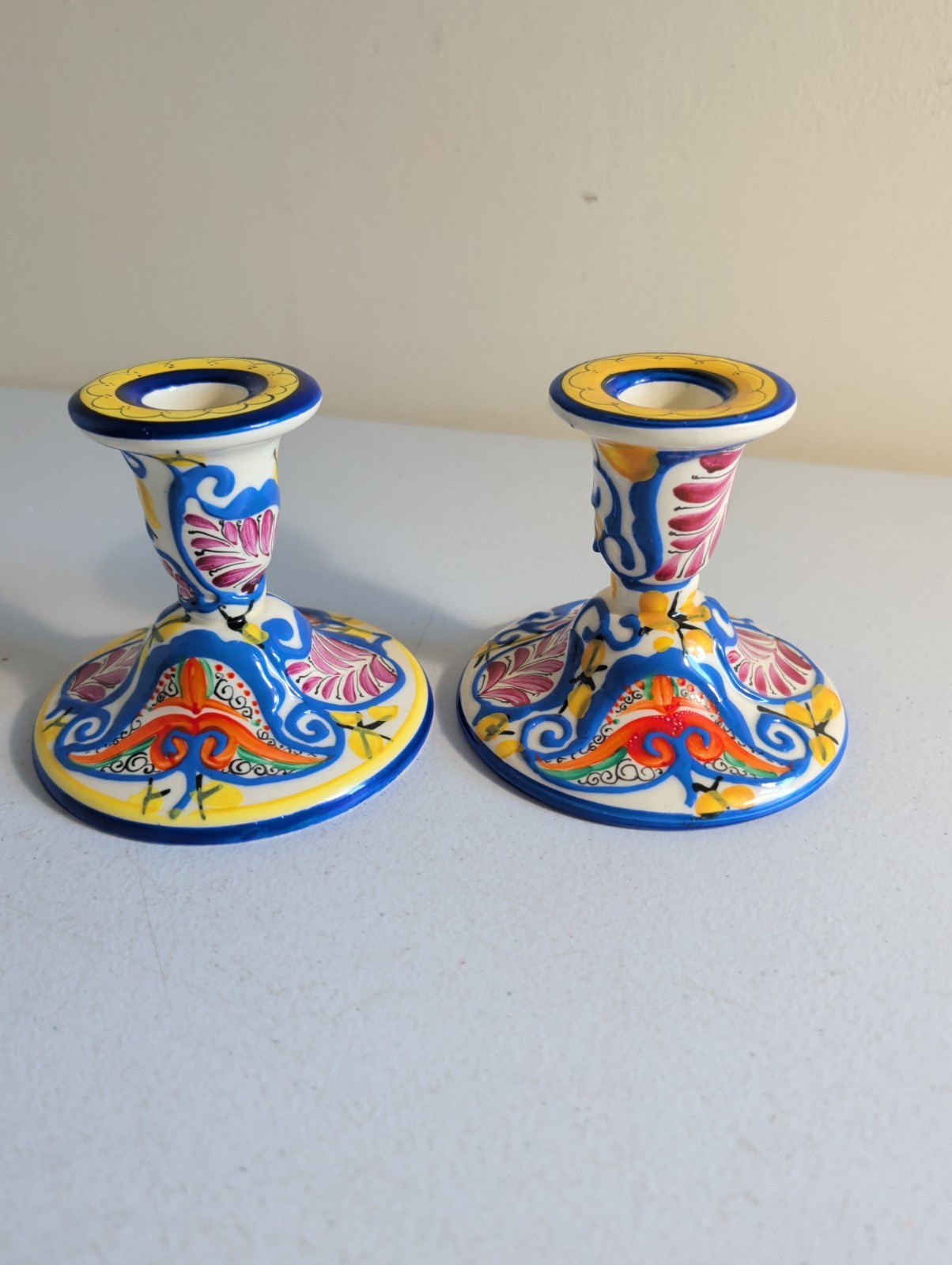Vintage Czechoslovakia Hand Painted Ceramic Candlestick Holders Pair 4.5\