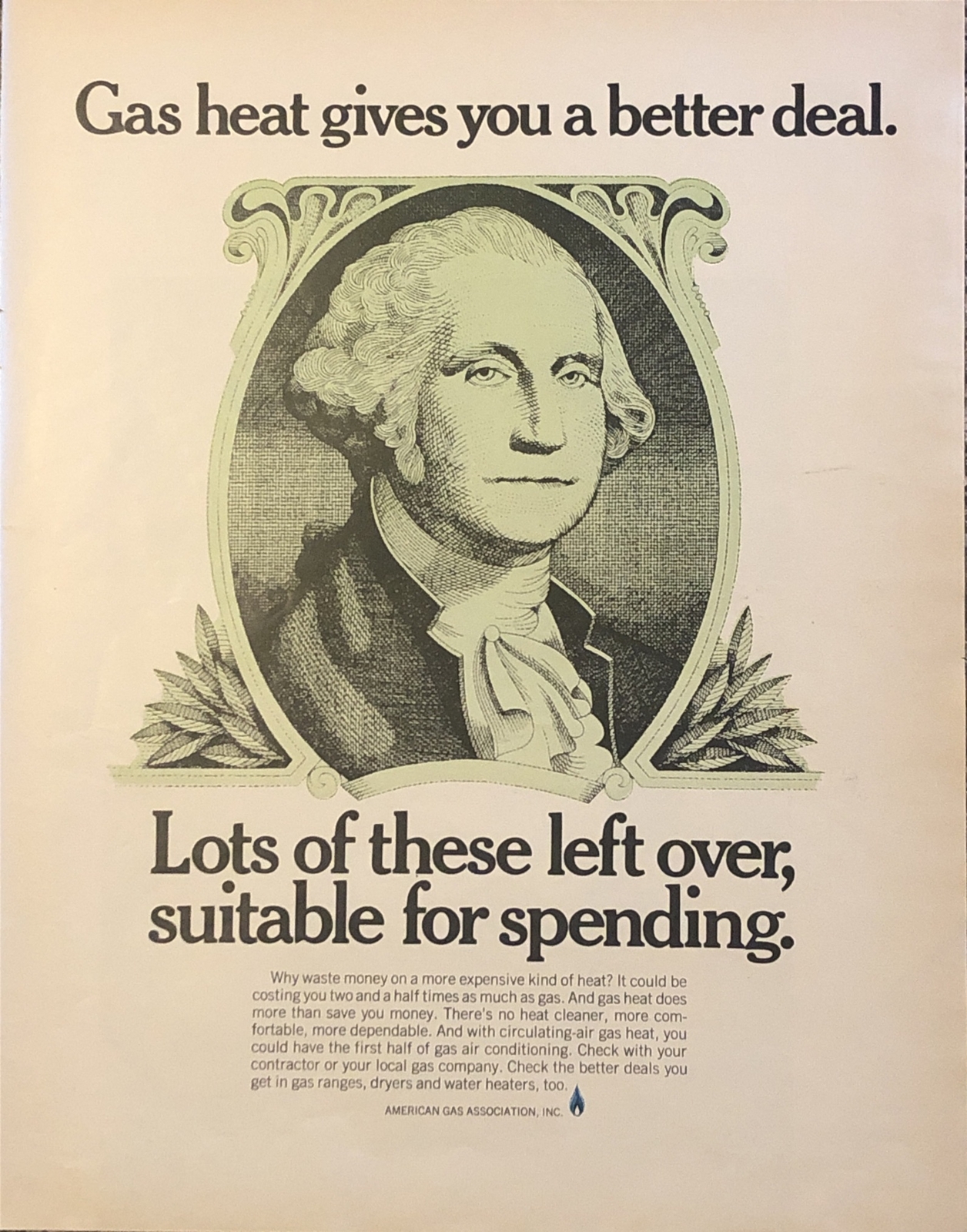 1970 American Gas PRINT AD George Washington Dollar VTG 70s Gas Heat Better Deal