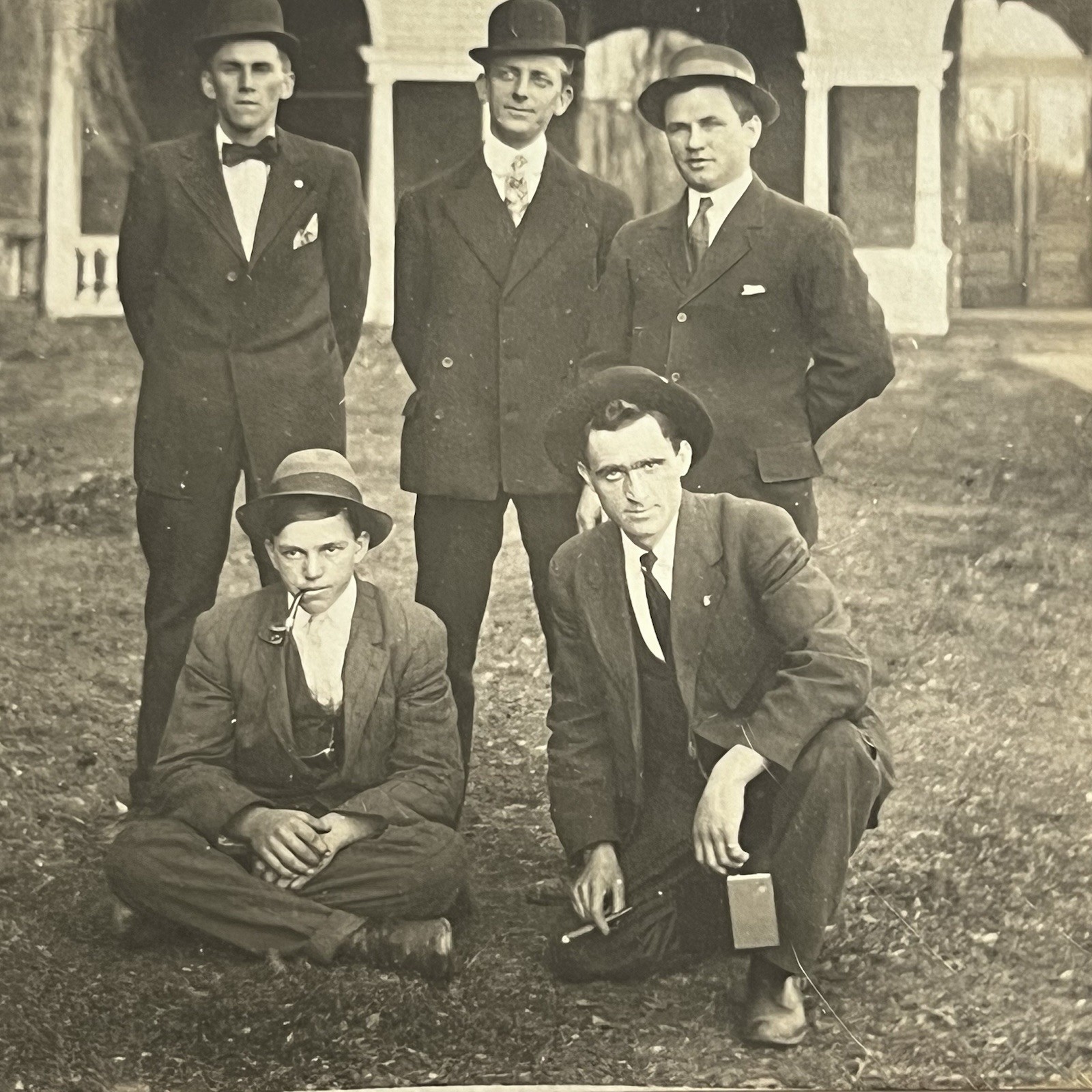 Antique RPPC Real Photograph Postcard Outside Handsome Men Smoking Pipe Camera ?