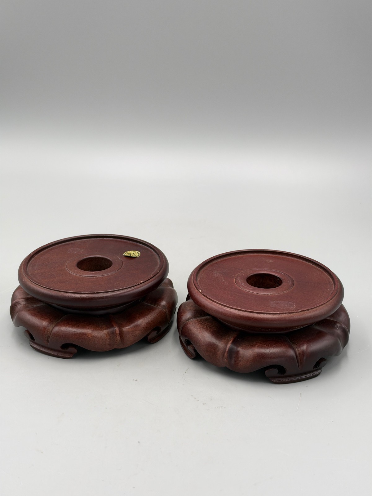 Pair Vintage Chinese Carved Hardwood Brown Display Wood Stands For Vase 3.5''