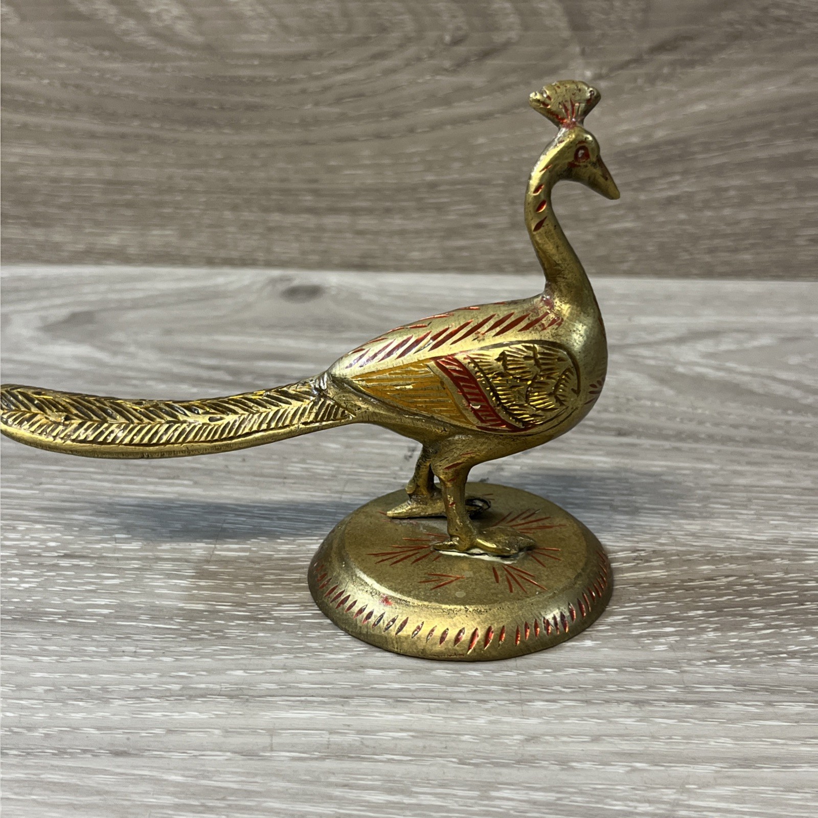 Vintage Brass Peacock Bird With Red Incised Details Long Tail Signed India 4