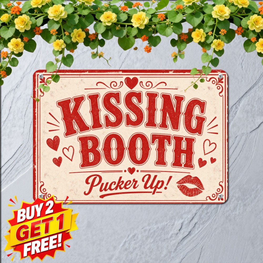 Romantic Love Hearts Kissing Booth Tin Sign Valentine Day Metal Wall Art