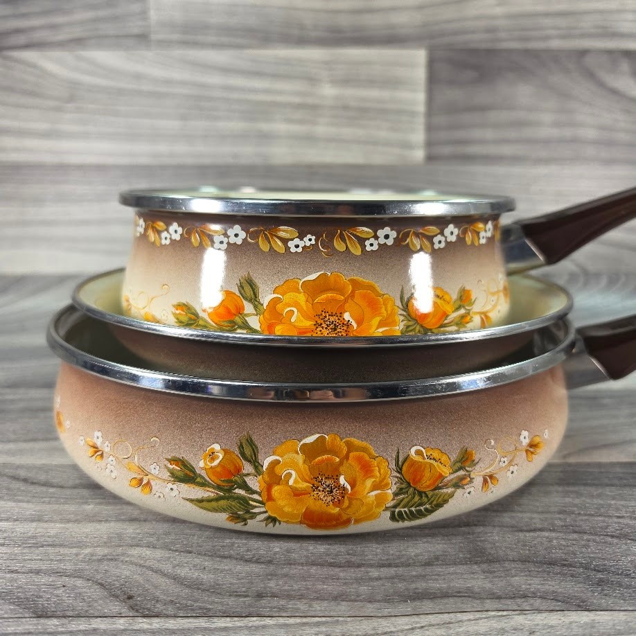 Vintage WMF Stahlemail Enamel Cookware Set Pans Lids Yellow Floral West Germany Vintage WMF Stahlemail Enamel Cookware Set Pans Lids Yellow Floral West Germany