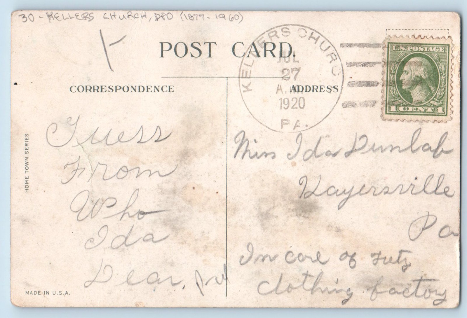 1920 Greeting Woman With Dog Kellers Church PA DPO (1877-1960) Postcard