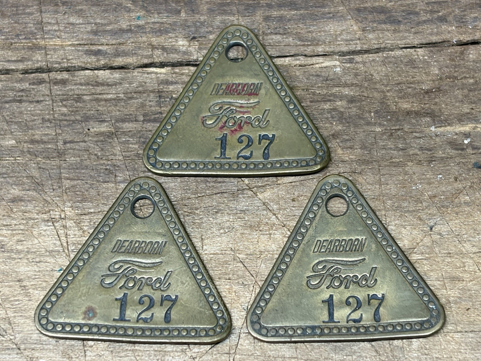 Vtg Lot x 3 Ford Motor Co Dearborn Tool Check Brass Tags Matching Numbers #127