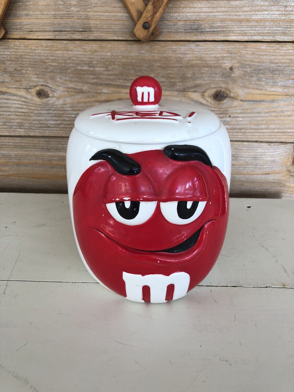 M&M\'s Mars RED Candy Cookie Jar Canister With Lid Galerie CERAMIC