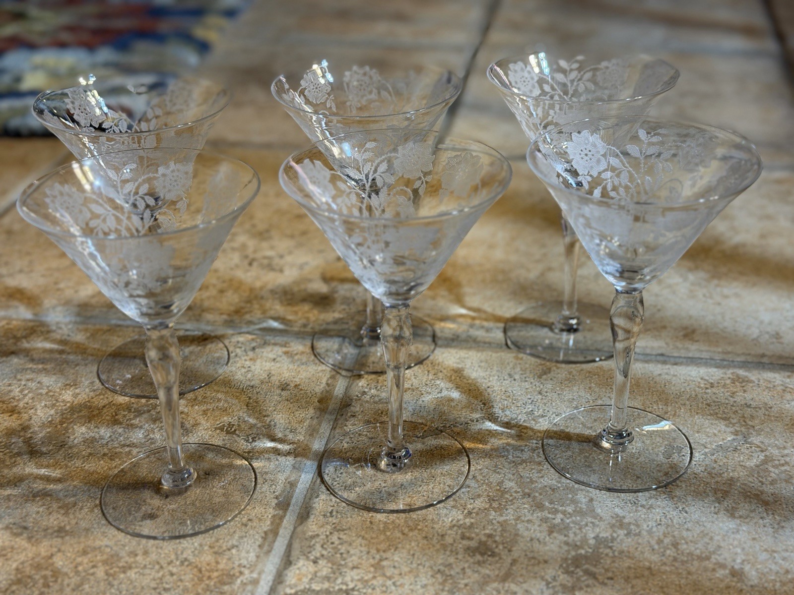 TIFFIN FRANCISCAN CORONET ETCH FLORAL CHAMPAGNE COUPE MARTINI GLASS SET LOT 6 EU