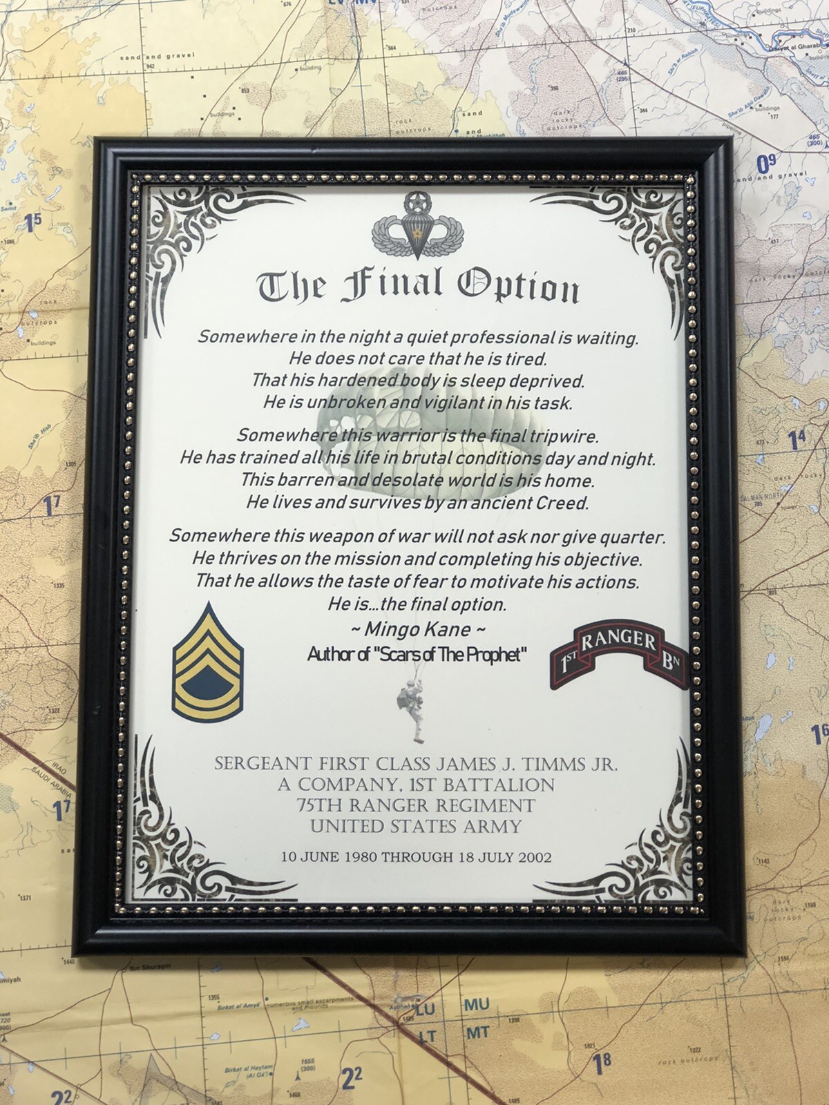 MILITARY POEM PRINT CERTIFICATE \'THE FINAL OPTION\'  w/Free Custom Printing