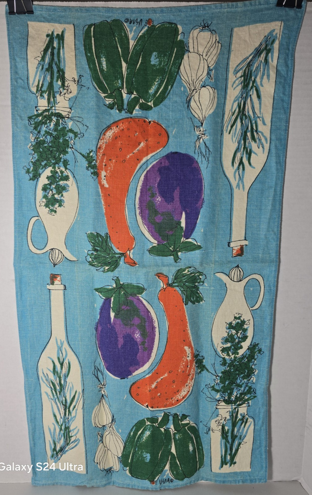 VTG Mid-Century Vera Neumann Linen Tea Towel Vegetables Herbs Oil Bottles 16x28 VTG Mid-Century Vera Neumann Linen Tea Towel Vegetables Herbs Oil Bottles 16x28