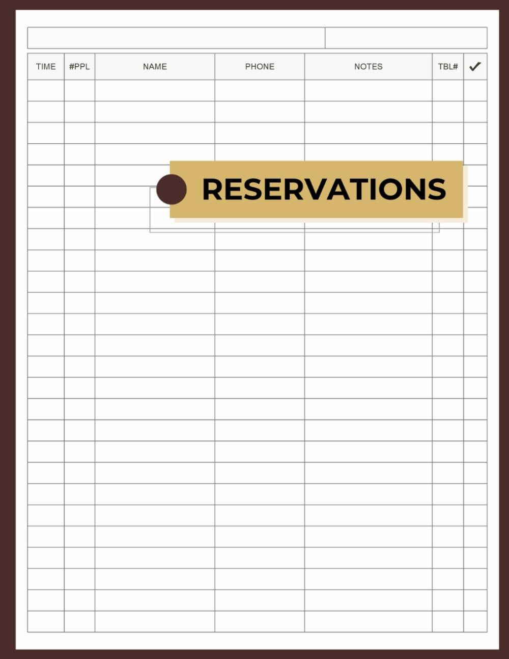 Reservation Book for Restaurant: Undated Log for Same Day Guest Reservations | I
