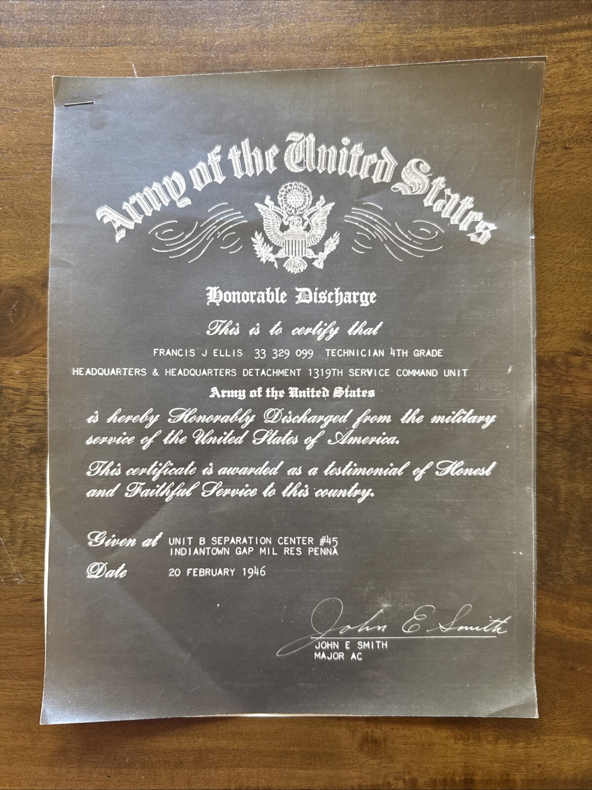 1946 ARMY OF THE UNITED STATES HONORABLE DISCHARGED CERTIFICATE