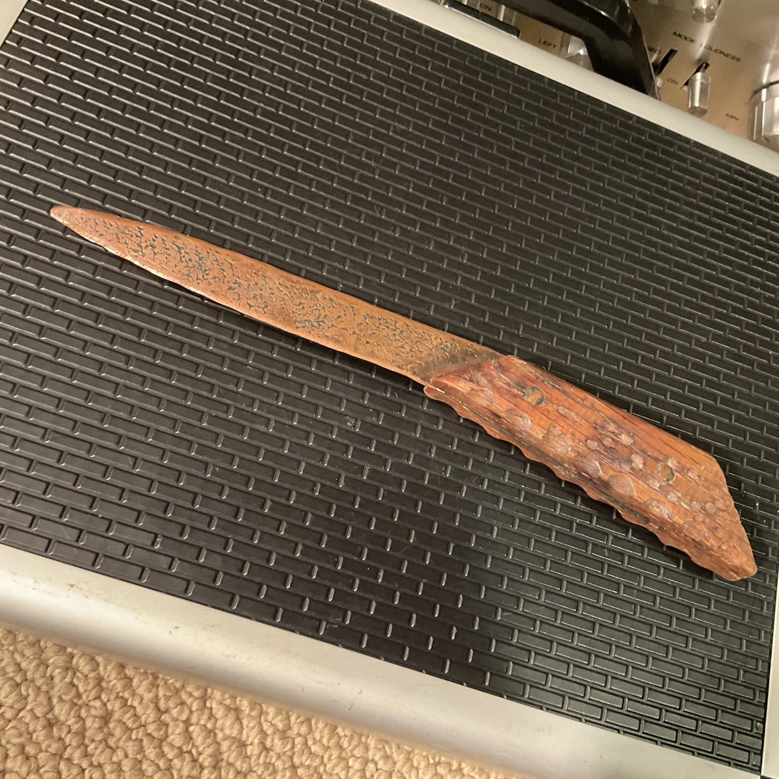 Antique Primitive Rustic Copper Hammered Wood Handled Letter Opener **SIGNED**