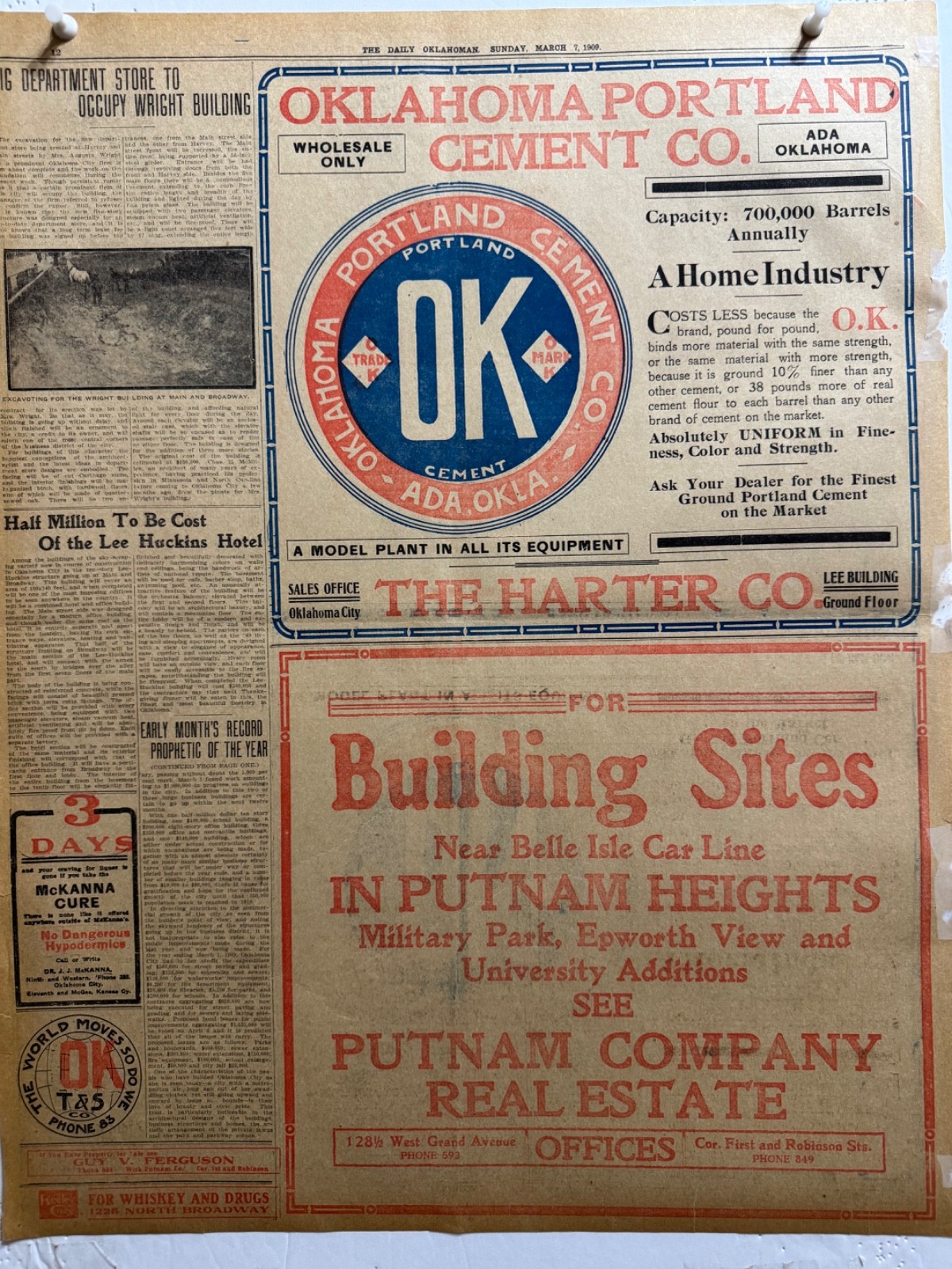 1909 PORTLAND CEMENT ADA, OKLA. NEWSPAPER AD 