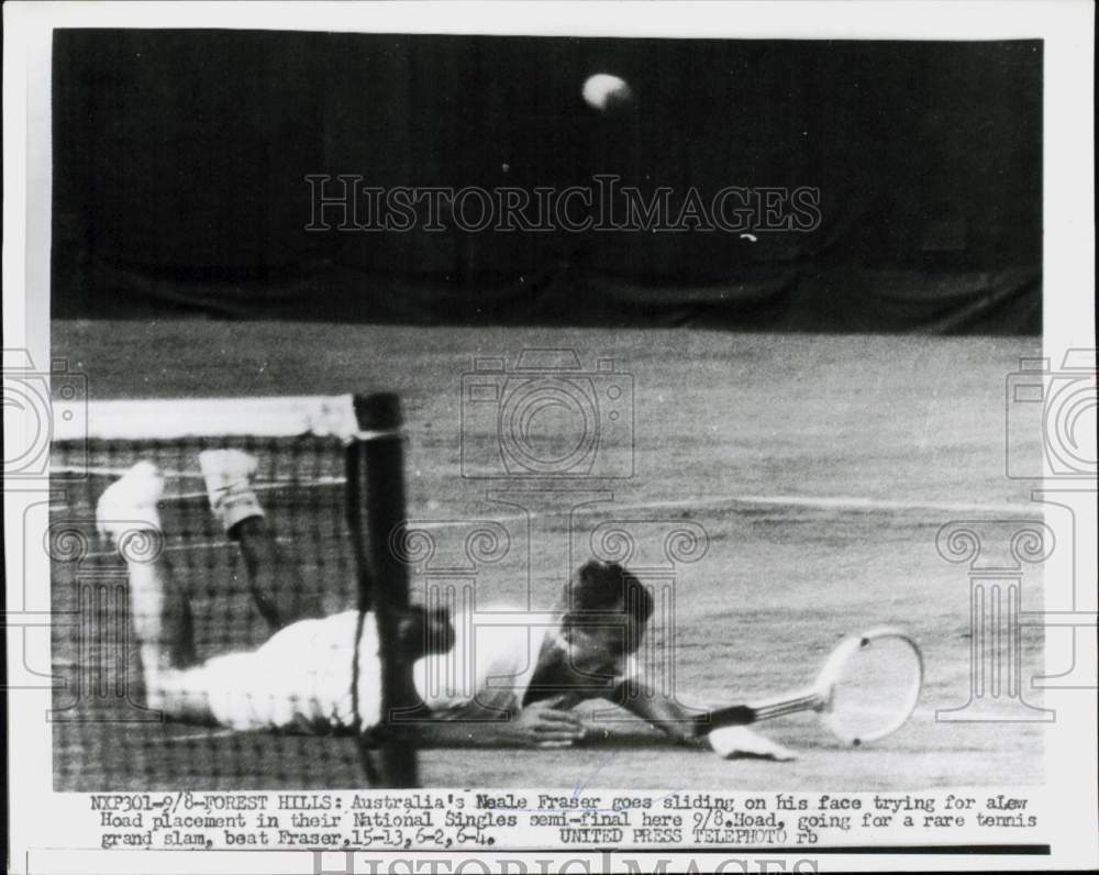 1956 Press Photo Neal Fraser slides across court in match with Lew Hoad, N.Y.