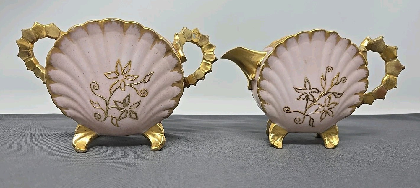 JPL Jean Pouyat Limoges Pink Gold Shell Shape Creamer & Sugar 1890-1900 