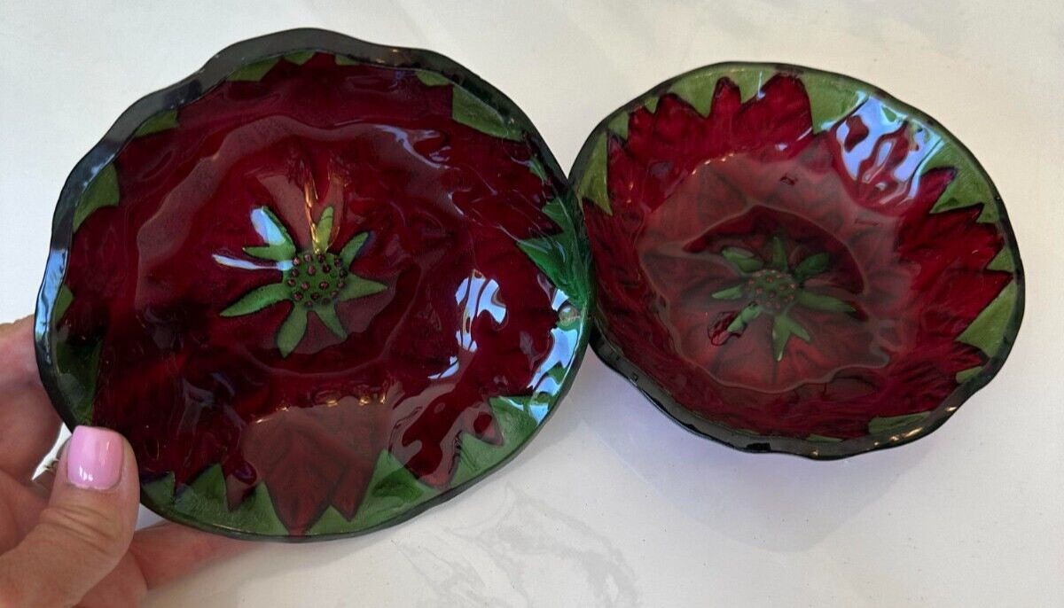 Goofus Glass Serving 2 Bowls Red and Green Flowers Poinsettias Goofus Glass Serving 2 Bowls Red and Green Flowers Poinsettias