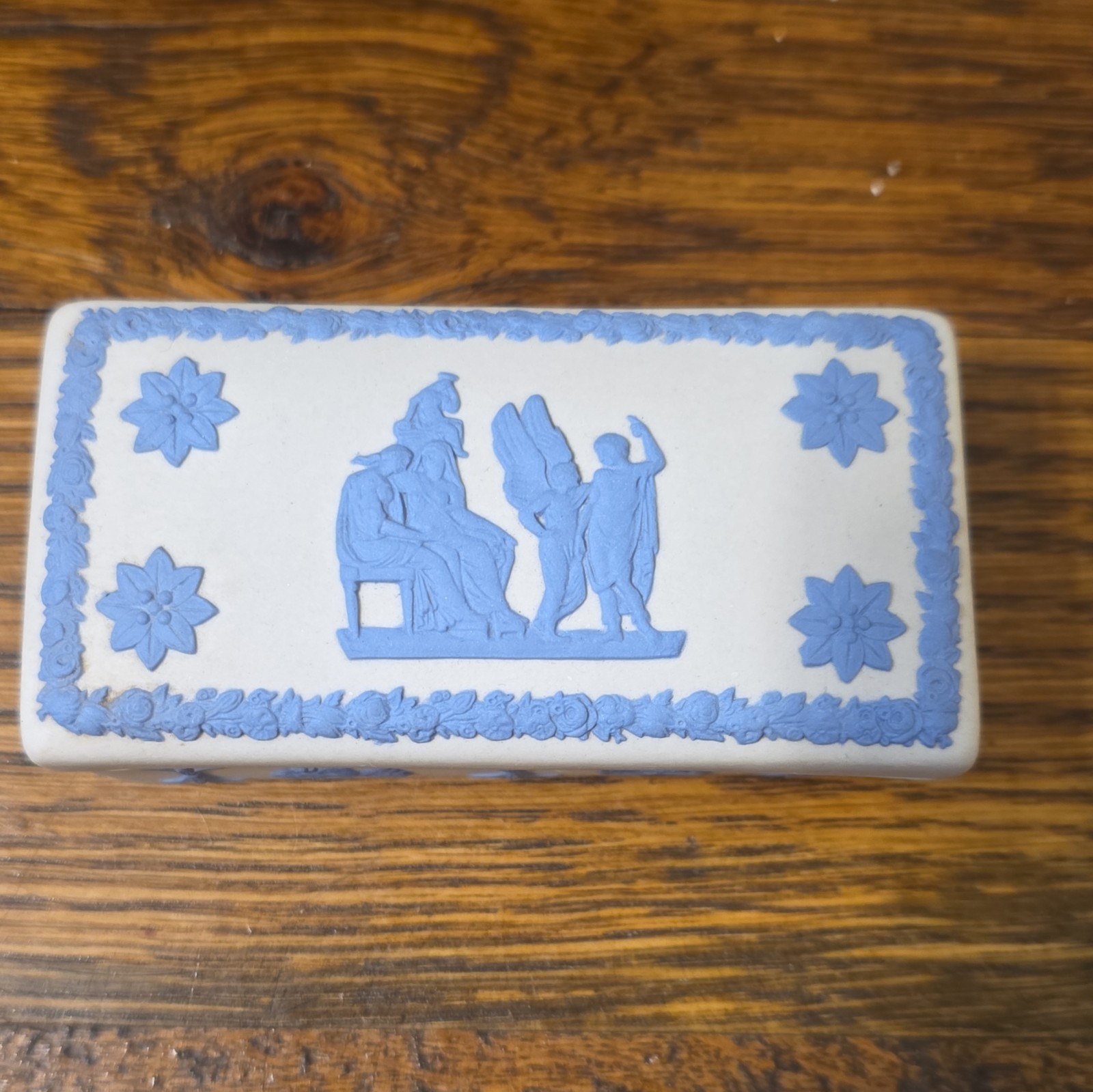 Vintage Wedgwood Blue Jasperware Rectangle Trinket Box read