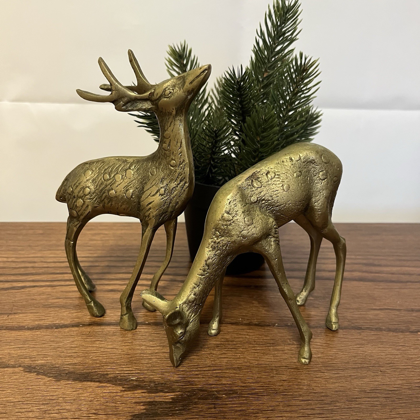 Solid Brass Buck & Doe Deer Pair VTG Figurine Sculpture Wildlife 7\