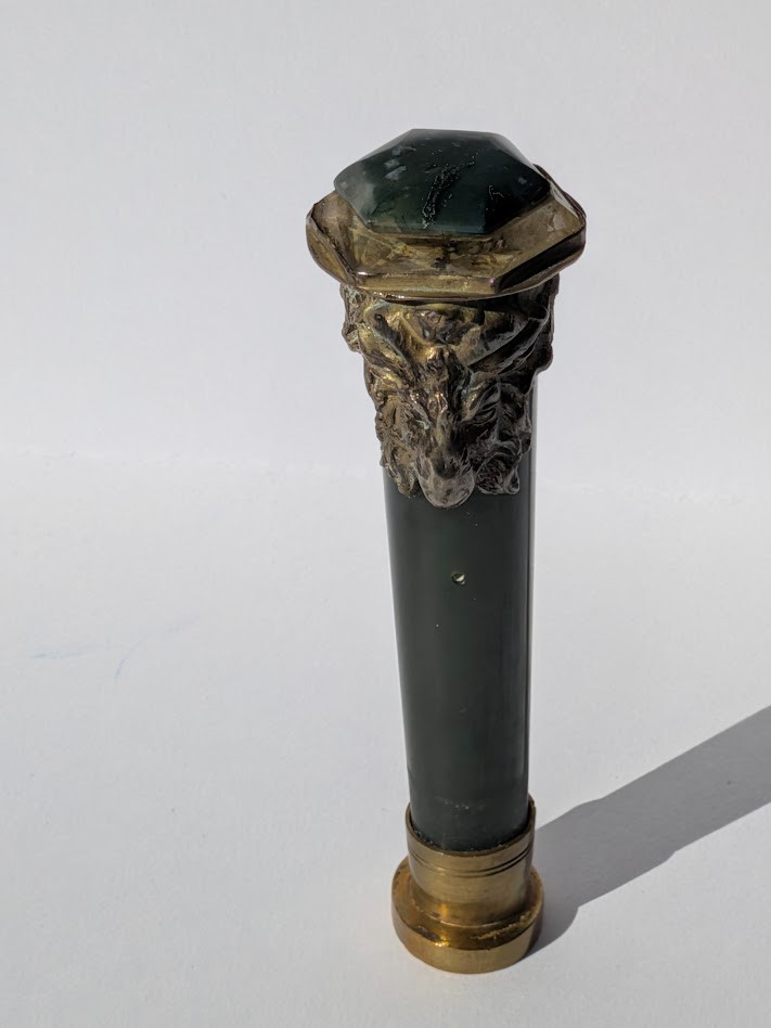 ANTIQUE FRENCH RAM HEADS BRONZE & JADE COUNT\'S CROWN COAT OF ARMS STAMP SEAL