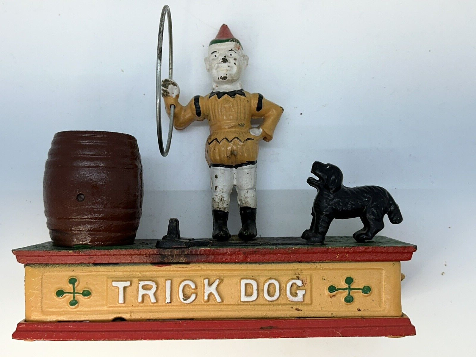 Vintage Cast Iron Trick Dog Coin Bank Jumping Through Hoop Works Reproduction