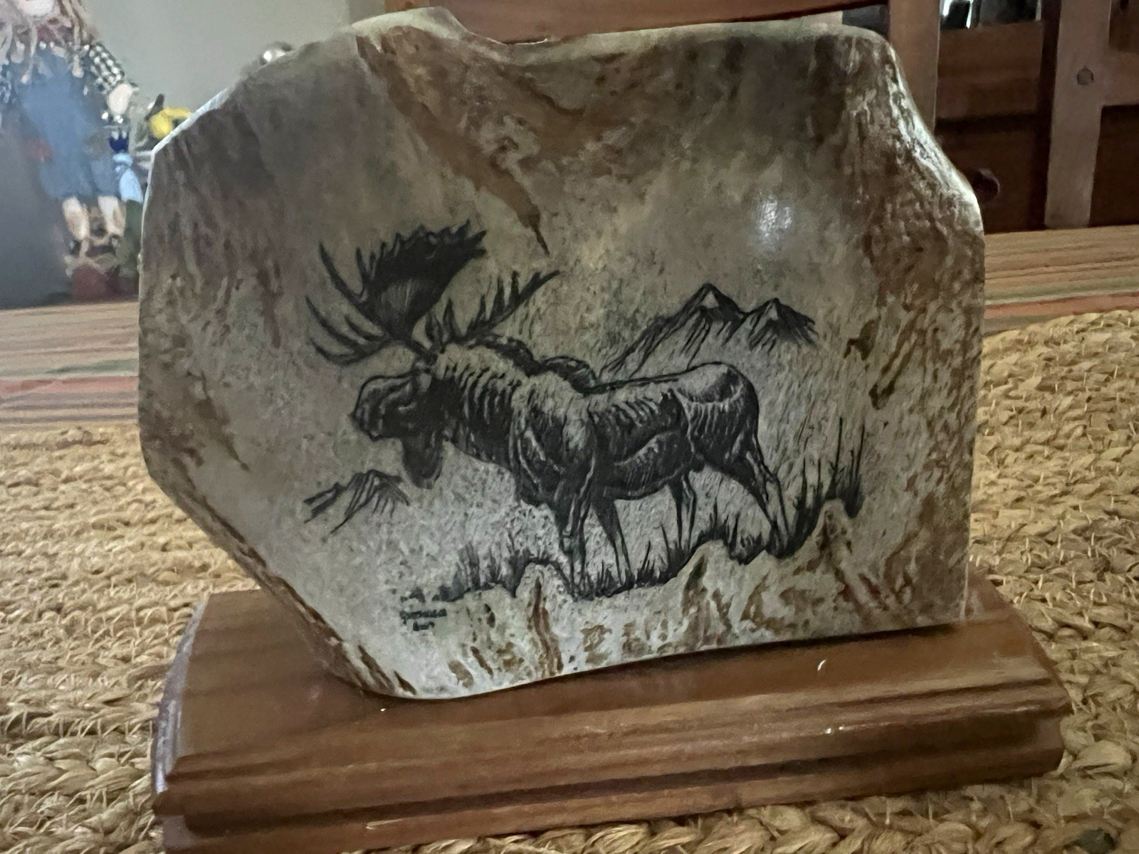 Vintage Moose Antler/Bone Wildlife Art on Wood Base – Rustic Cabin Décor